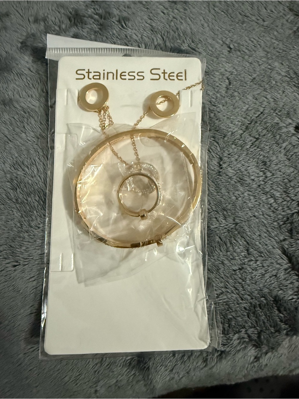 Gold Stainless Steel Women's Jewelry Set - Necklace, Bracelet & Ring